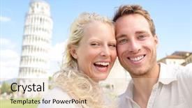  Presentation with young happy couple - PPT theme featuring fun on travel to pisa background and a lemonade colored foreground