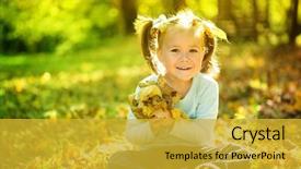 Presentation with multicolored autumn leaves orange yellow red - Slide deck having fun outing - cute little girl in autumn background and a gold colored foreground