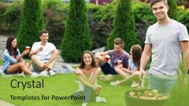  Presentation with summer outdoor bbq grill party - PPT theme featuring fun outing - man cooking tasty steaks background and a yellow colored foreground