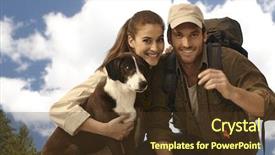  Presentation with young happy couple - Beautiful PPT theme featuring fun outing - portrait of happy young trekker backdrop and a tawny brown colored foreground