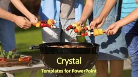  Presentation with barbecue - Slide deck enhanced with fun outing - young friends having barbecue party background and a tawny brown colored foreground