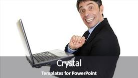 Presentation with happiness - PPT layouts having fun portrait of a mature businessman holding an open laptop in his hand turning and giving a cheesy toothy grin of happiness to the camera isolated on white background and a dark gray colored foreground