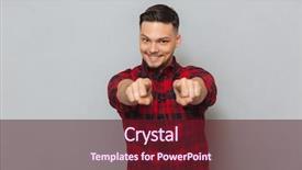  Presentation with man looking up happy - Slide deck enhanced with fun powerpoints - image of happy young man background and a  colored foreground