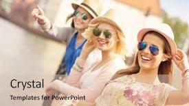  Presentation with friends - Beautiful PPT theme featuring fun powerpoints - picture of three friends hanging backdrop and a lemonade colored foreground