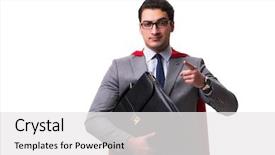  Presentation with super hero - PPT theme featuring fun powerpoints - super hero businessman isolated background and a  colored foreground