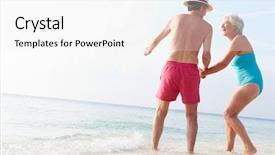  Presentation with senior couple - Slides with fun retirement - senior couple splashing in sea background and a  colored foreground