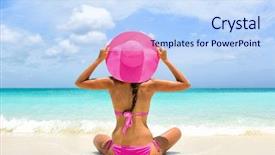  Presentation with turquoise beach - Audience pleasing presentation theme consisting of fun sun - cute pink bikini beachwear woman backdrop and a sky blue colored foreground