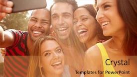  Presentation with focus group hands taking notes - Audience pleasing slide deck consisting of fun sun - group of friends on holiday backdrop and a yellow colored foreground