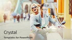  Presentation with city cds - Audience pleasing PPT theme consisting of fun sun - happy fashionable couple backdrop and a light gray colored foreground