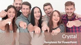  Presentation with team people hugging - Slide set with fun team of young people background and a  colored foreground