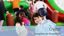  Presentation with children playing - Beautiful presentation theme featuring plate of delicious vanilla pudding with chocolate syrup on table backdrop and a ocean colored foreground