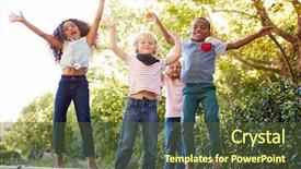  Presentation with kids garden - Colorful presentation design enhanced with fun together on a trampoline backdrop and a tawny brown colored foreground