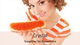  Presentation with caviar - Slide set featuring fun woman eating the sandwich with red caviar on the white background background and a coral colored foreground