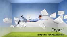  Presentation with flying - Colorful slide deck enhanced with fun work free - young man flying in sky backdrop and a yellow colored foreground