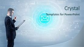  Presentation with data management - Presentation theme featuring function management - standing businessman with data background and a sky blue colored foreground