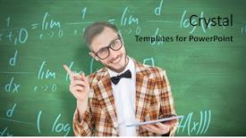  Presentation with green chalkboard - Colorful PPT theme enhanced with function math - geeky hipster holding a tablet backdrop and a ocean colored foreground