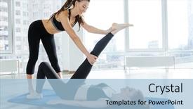  Presentation with train the trainer - Beautiful presentation theme featuring functional training - happy pretty young woman stretching backdrop and a light blue colored foreground