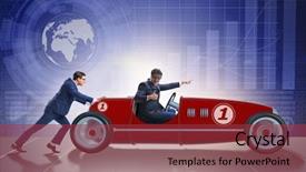  Presentation with synergy collaboration cooperation teamwork concept - Slide set having funding transportation - businessman car pushing in teamwork background and a  colored foreground