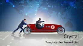  Presentation with teamwork - Slide set enhanced with funding transportation - businessman car pushing in teamwork background and a  colored foreground