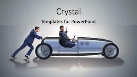  Presentation with eco friendly car concept - Beautiful slide set featuring funding transportation - businessman car pushing in teamwork backdrop and a  colored foreground