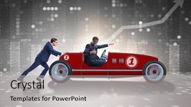  Presentation with eco friendly car concept - Presentation theme featuring funding transportation - businessman car pushing in teamwork background and a  colored foreground