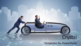  Presentation with teamwork - PPT theme consisting of funding transportation - businessman car pushing in teamwork background and a  colored foreground