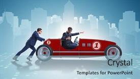  Presentation with teamwork - Presentation theme having funding transportation - businessman car pushing in teamwork background and a  colored foreground