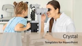  Presentation with ophthalmologist - Slide deck having eye fundus - cute little child at ophthalmologist's background and a soft green colored foreground