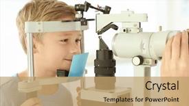  Presentation with ophthalmologist - PPT layouts consisting of eye fundus - cute little child at ophthalmologist's background and a coral colored foreground