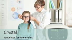  Presentation with ophthalmologist - Amazing PPT theme having eye fundus - cute little girl in ophthalmologist's backdrop and a lemonade colored foreground