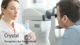  Presentation with metabolic syndrome doctor examining - Presentation consisting of eye fundus - female doctor examining adult male background and a light gray colored foreground