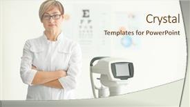  Presentation with ophthalmologist - Presentation design featuring eye fundus - mature female ophthalmologist in clinic background and a sky blue colored foreground