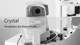  Presentation with ophthalmologist - PPT theme featuring eye fundus - modern tonometer in ophthalmologist's office background and a light gray colored foreground