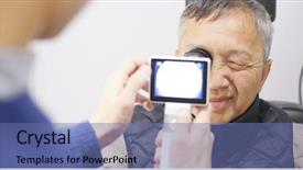  Presentation with old man - Colorful PPT layouts enhanced with old man checking on eye backdrop and a teal colored foreground