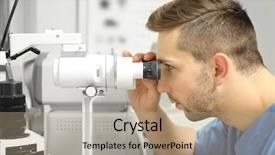  Presentation with ophthalmologist - PPT theme enhanced with eye fundus - ophthalmologist measuring intraocular pressure background and a light gray colored foreground