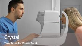  Presentation with ophthalmologist - Colorful slide set enhanced with eye fundus - ophthalmologist measuring intraocular pressure backdrop and a gray colored foreground