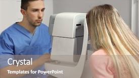  Presentation with ophthalmologist - Presentation design featuring eye fundus - ophthalmologist measuring intraocular pressure background and a gray colored foreground