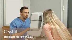  Presentation with ophthalmologist - Beautiful PPT layouts featuring eye fundus - ophthalmologist measuring intraocular pressure backdrop and a coral colored foreground