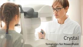  Presentation with ophthalmologist - Colorful presentation design enhanced with eye fundus - ophthalmologist measuring intraocular pressure backdrop and a light gray colored foreground