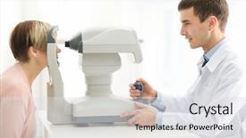  Presentation with ophthalmologist - Audience pleasing PPT layouts consisting of eye fundus - ophthalmologist measuring intraocular pressure backdrop and a light gray colored foreground