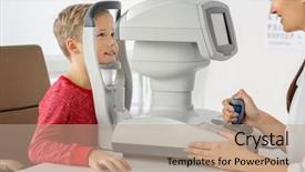  Presentation with ophthalmologist - Cool new slide deck with eye fundus - ophthalmologist measuring intraocular pressure backdrop and a coral colored foreground