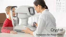  Presentation with ophthalmologist - Amazing slide set having eye fundus - ophthalmologist measuring intraocular pressure backdrop and a light gray colored foreground