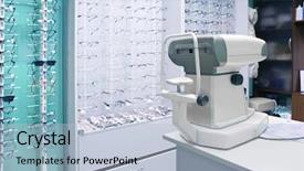  Presentation with ophthalmology - Beautiful presentation theme featuring optic instruments - showcase and reflectometer in ophthalmology backdrop and a light blue colored foreground