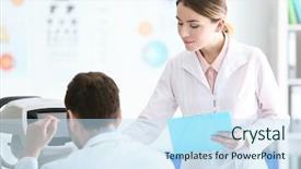  Presentation with regulated medical waste - Amazing slide deck having eye fundus - two young doctors at medical backdrop and a sky blue colored foreground