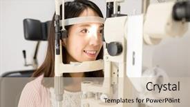  Presentation with exam - Theme with woman is having eye exam background and a soft green colored foreground