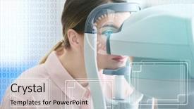  Presentation with ophthalmologist - PPT theme with eye fundus - young woman visiting an optician background and a light gray colored foreground