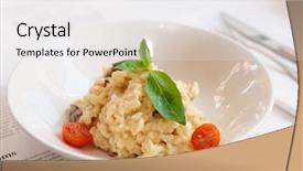  Presentation with fungi - Presentation consisting of fungi - creamy risotto in porcelain plate background and a white colored foreground