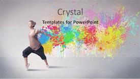  Presentation with hip hop dancing - PPT theme featuring funky contemporary hip hop dancer dancing in front of grey background with colorful bright paint splatter concept background and a soft green colored foreground