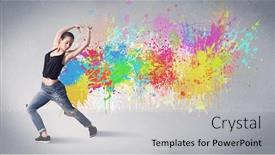  Presentation with paint splatter - Audience pleasing presentation theme consisting of funky contemporary hip hop dancer dancing in front of grey background with colorful bright paint splatter concept backdrop and a light gray colored foreground