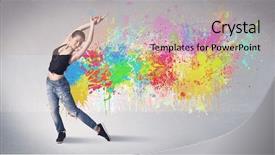  Presentation with hip hop dancing - Colorful presentation theme enhanced with funky contemporary hip hop dancer dancing in front of grey background with colorful bright paint splatter concept backdrop and a coral colored foreground